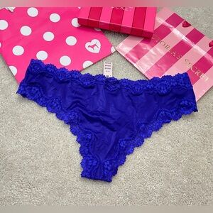 NWT Victoria's Secret Very Sexy Blue Satin Lace Trim Thong Panties VS Medium M